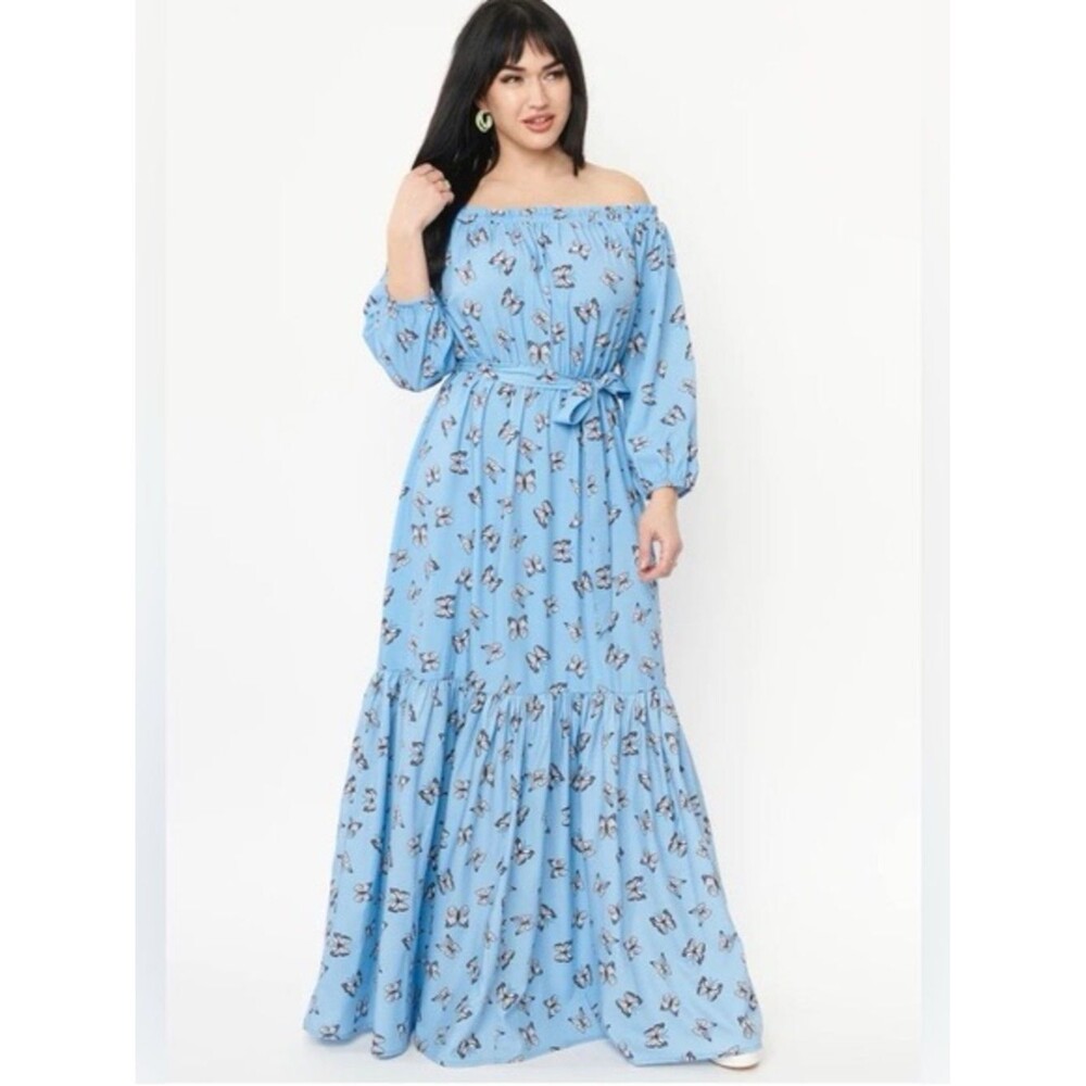 Unique Vintage Sweet Escape Blue Butterfly Maxi Dress Off Shoulder 1X
